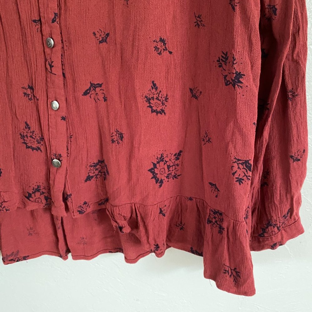 Free People Rust Floral Ruffle Hem Button Down - Picture 4 of 7